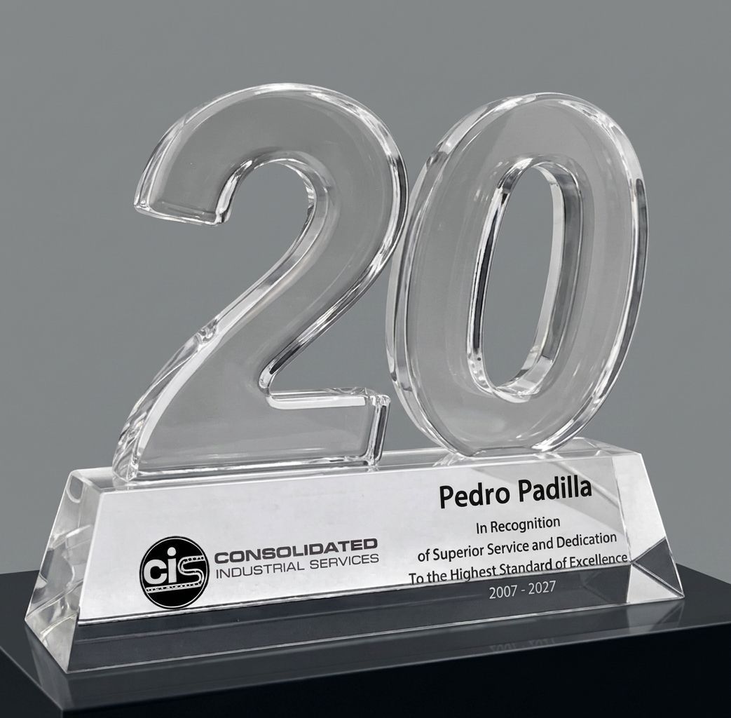 Clear crystal 20 year service award with large number 20 and engraved plate